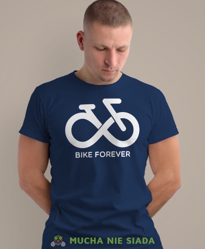 bike forever, granatowa męska koszulka rowerowa z nadrukiem, na rower, na co dzień, na prezent, fajna koszulka, rower, rowerzysta.jpg