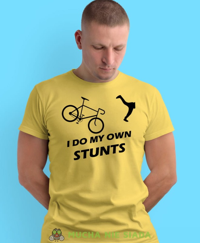 i do my own stunts, żółta męska koszulka rowerowa z nadrukiem, na rower, na co dzień, na prezent, fajna koszulka dla chłopaka, rower, rowerzysta.jpg