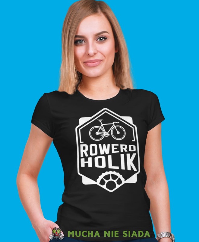 roweroholik, czarna damska koszulka rowerowa z nadrukiem, na rower, fajna koszulka dla rowerzystki, na co dzień, na prezent .jpg