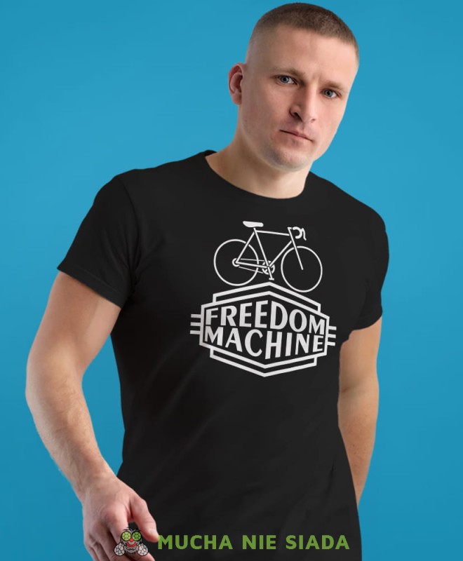 freedom machine, czarna męska koszulka rowerowa z nadrukiem, na rower, na co dzień, na prezent, fajna koszulka dla chłopaka, rower, rowerzysta.jpg