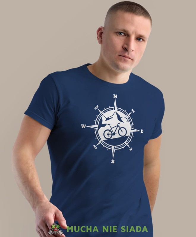 rower górski kompas, granatowa męska koszulka rowerowa z nadrukiem, na rower, na co dzień, na prezent, fajna koszulka dla chłopaka, rower, rowerzysta.jpg