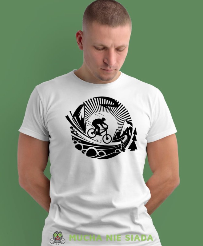 rower górski krajobraz, biała męska koszulka rowerowa z nadrukiem, na rower, na co dzień, na prezent, fajna koszulka dla chłopaka, rower, rowerzysta.jpg