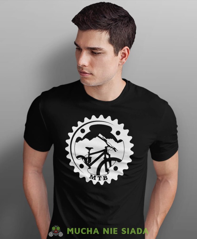 mtb rower górski zębatka, czarna męska koszulka rowerowa z nadrukiem, na rower, na co dzień, na prezent, fajna koszulka dla chłopaka, rower, rowerzysta.jpg