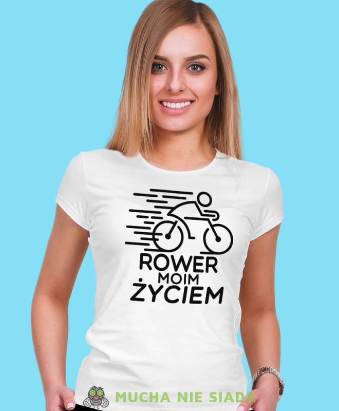 rower moim życiem, biała damska koszulka rowerowa z nadrukiem, na rower, fajna koszulka dla rowerzystki, na co dzień, na prezent .jpg