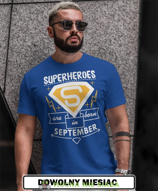 superheroes are born in... niebieska męska koszulka urodzinowa, na urodziny, na prezent 1.jpg