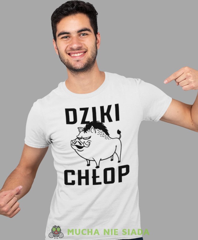 dziki chłop, biała męska koszulka z nadrukiem na co dzień, na prezent, fajna koszulka.jpg