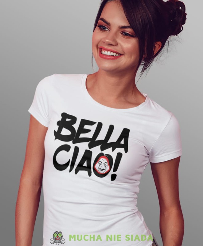 bella ciao! maska dom z papieru, biała damska koszulka z nadrukiem na prezent dla dziewczyny dla żony.jpg