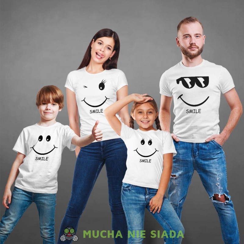 smile zestaw białych koszulek rodzinnych, mama, tata, córka syn, na prezent, fajne koszulki, mucha nie siada.jpg