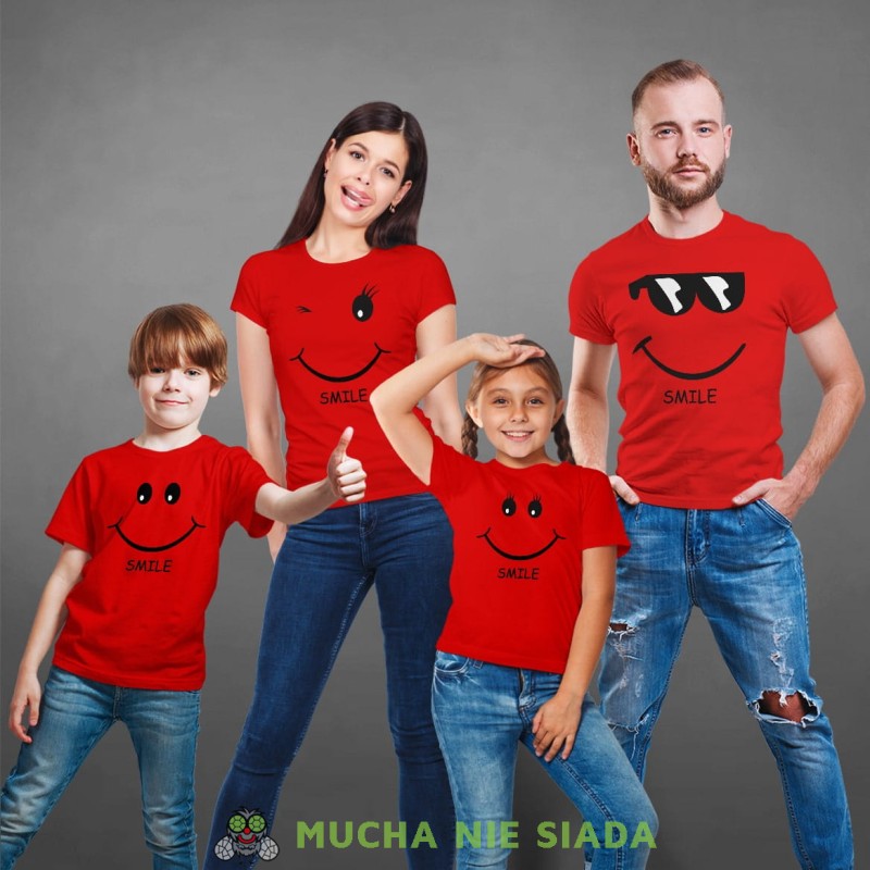smile zestaw czerwonych koszulek rodzinnych, mama, tata, córka syn, na prezent, fajne koszulki, mucha nie siada.jpg
