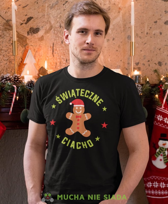 świąteczne ciacho, czarna męska koszulka z nadrukiem na co dzień, na prezent, fajna koszulka, dla chłopaka, dla męża, mucha nie siada, koszulka świąteczna.jpg.jpg