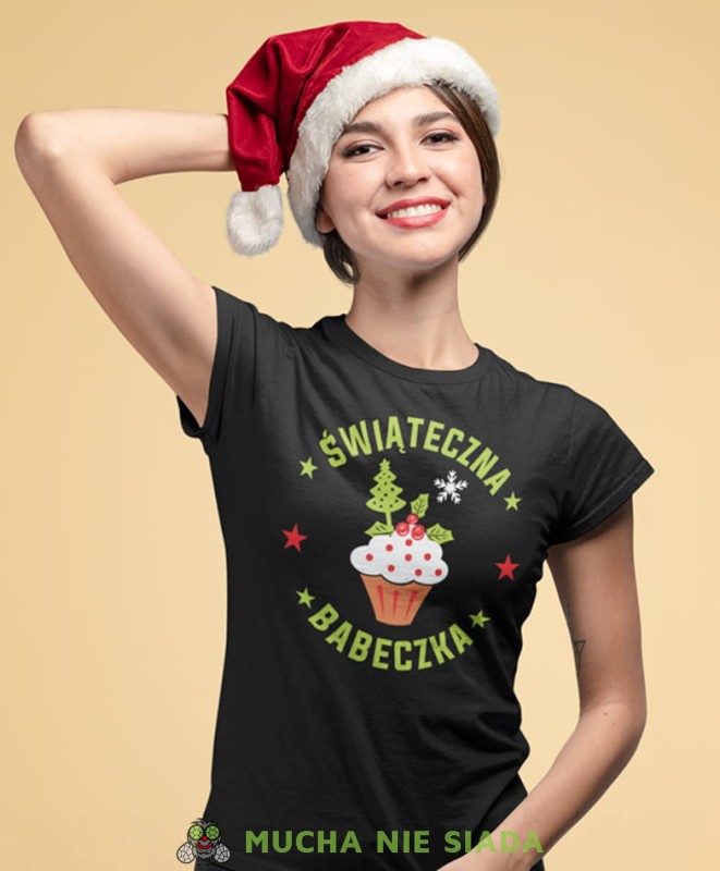 świąteczna babeczka, czarna damska koszulka z nadrukiem na prezent, fajna koszulka, dla dziewczyny dla żony, wesołych świąt, koszulka świąteczna, mucha nie siada.jpg