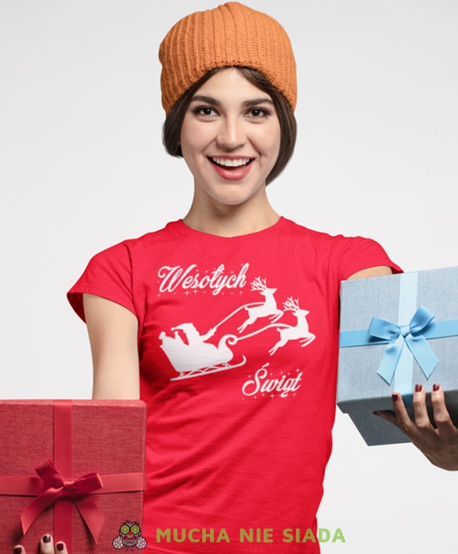 wesołych świąt koszulka świąteczna, czerwona damska koszulka z nadrukiem na prezent, fajna koszulka, dla dziewczyny dla żony, wesołych świąt, bałwan koszulka świąteczna, mucha nie siada.jpg