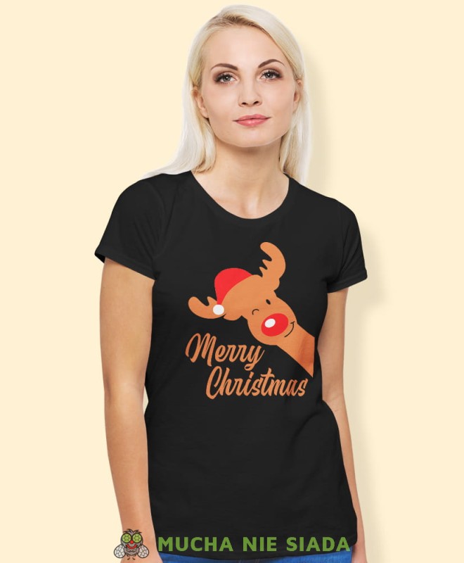 merry christmas renifer koszulka świąteczna, czarna damska koszulka z nadrukiem na prezent, fajna koszulka, dla dziewczyny dla żony, wesołych świąt, mucha nie siada.jpg