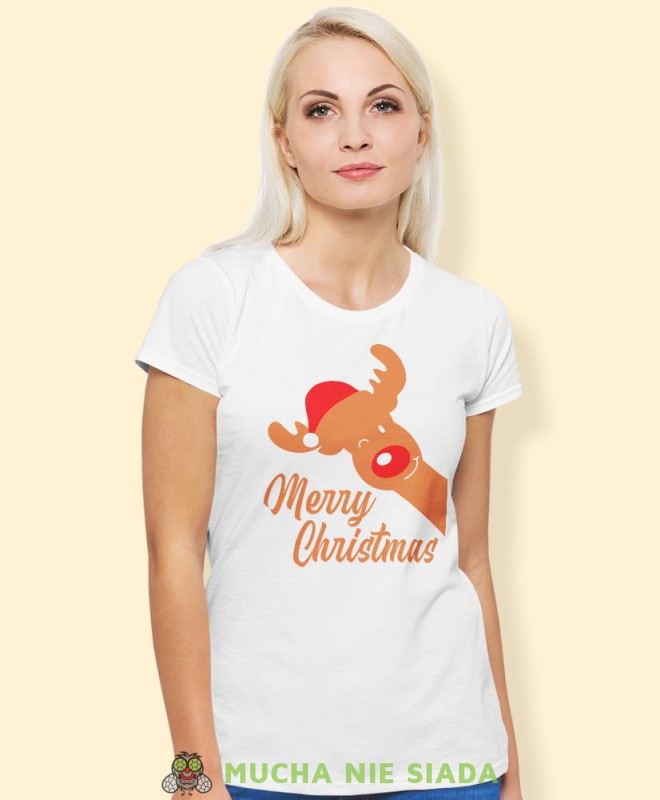 merry christmas renifer koszulka świąteczna, biała damska koszulka z nadrukiem na prezent, fajna koszulka, dla dziewczyny dla żony, wesołych świąt, mucha nie siada.jpg