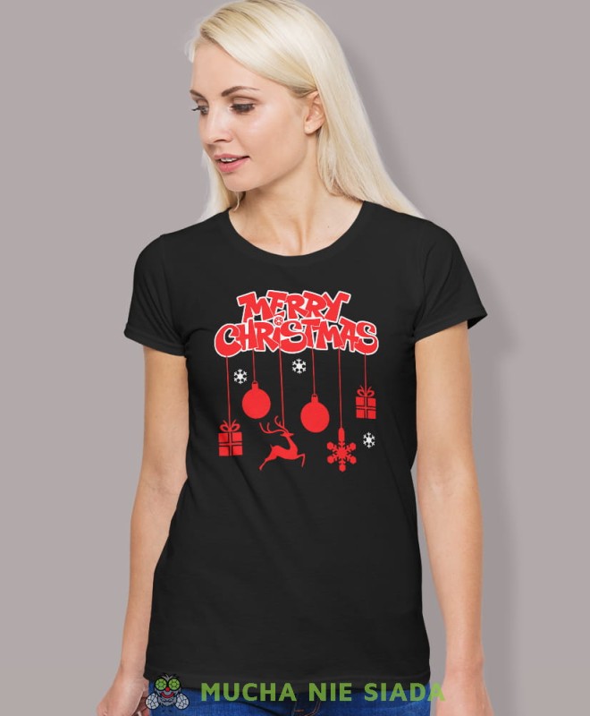merry christmas, czarna damska koszulka z nadrukiem na prezent, fajna koszulka, dla dziewczyny dla żony, wesołych świąt, bałwan koszulka świąteczna, mucha nie siada.jpg