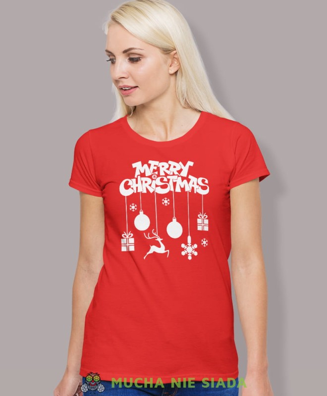 merry christmas, czerwona damska koszulka z nadrukiem na prezent, fajna koszulka, dla dziewczyny dla żony, wesołych świąt, bałwan koszulka świąteczna, mucha nie siada.jpg