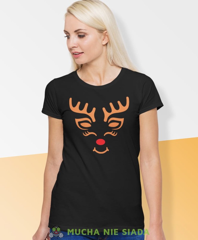 reniferka, czarna damska koszulka z nadrukiem na prezent, fajna koszulka, dla dziewczyny dla żony, wesołych świąt, bałwan koszulka świąteczna, mucha nie siada.jpg