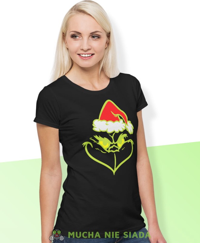grinch, czarna damska koszulka z nadrukiem na prezent, fajna koszulka, dla dziewczyny dla żony, wesołych świąt, bałwan koszulka świąteczna, mucha nie siada.jpg