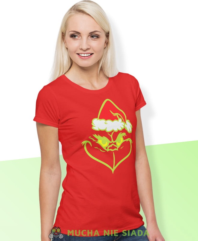 grinch, czerwona damska koszulka z nadrukiem na prezent, fajna koszulka, dla dziewczyny dla żony, wesołych świąt, bałwan koszulka świąteczna, mucha nie siada.jpg