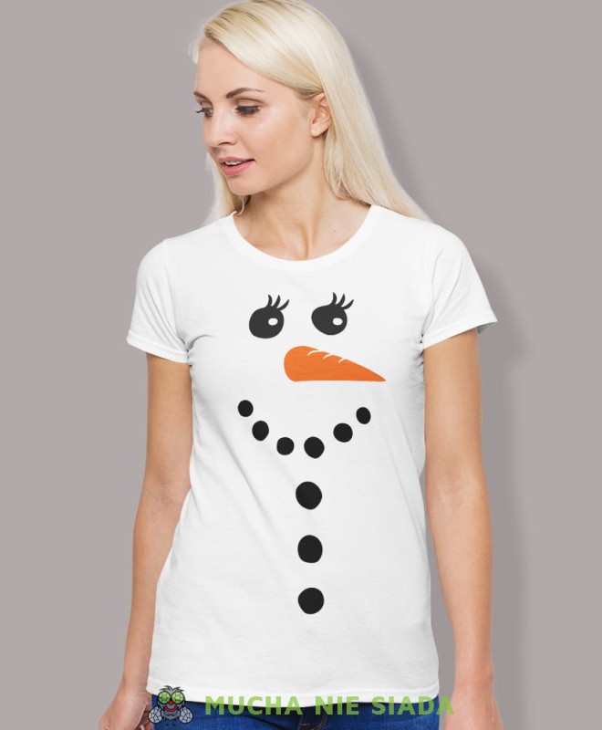 bałwan, biała damska koszulka z nadrukiem na prezent, fajna koszulka, dla dziewczyny dla żony, wesołych świąt, bałwan koszulka świąteczna, mucha nie siada.jpg