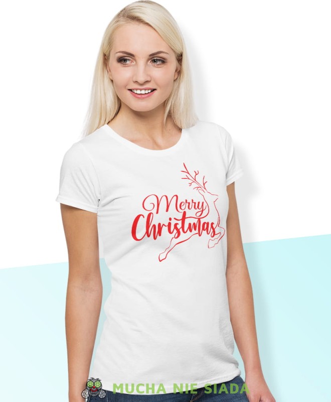 merry christmas renifer, biała damska koszulka z nadrukiem na prezent, fajna koszulka, dla dziewczyny dla żony, wesołych świąt, bałwan koszulka świąteczna, mucha nie siada.jpg
