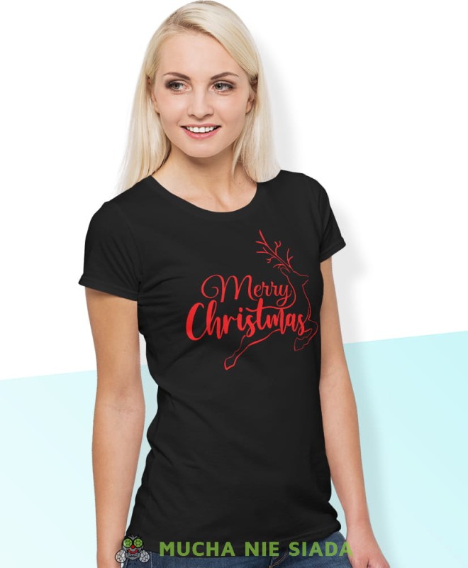 merry christmas renifer, czarna damska koszulka z nadrukiem na prezent, fajna koszulka, dla dziewczyny dla żony, wesołych świąt, bałwan koszulka świąteczna, mucha nie siada.jpg