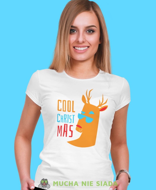 cool christmas, biała damska koszulka z nadrukiem na prezent, fajna koszulka, dla dziewczyny dla żony, wesołych świąt, koszulka świąteczna, mucha nie siada.jpg