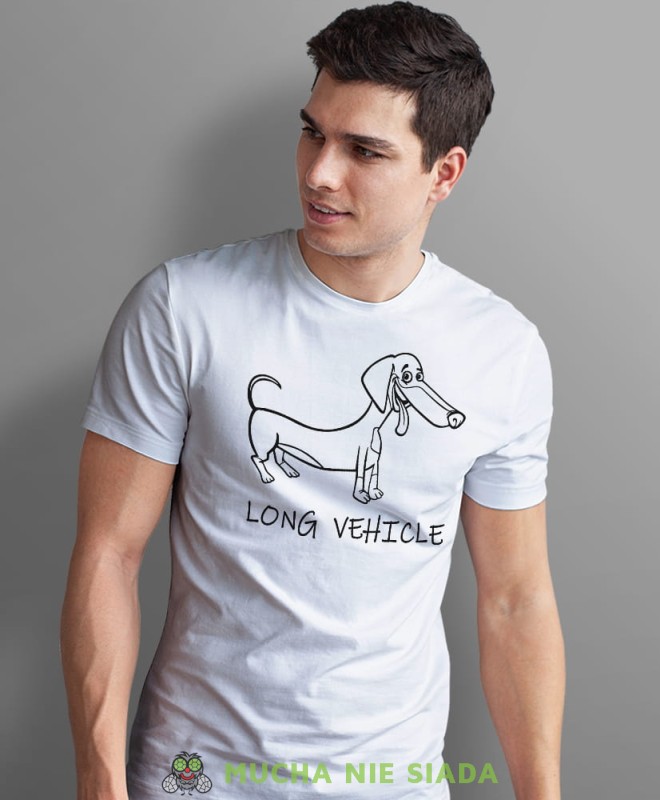long vehicle, biała męska koszulka z nadrukiem na co dzień, na prezent, fajna koszulka, dla chłopaka, dla męża, mucha nie siada.jpg