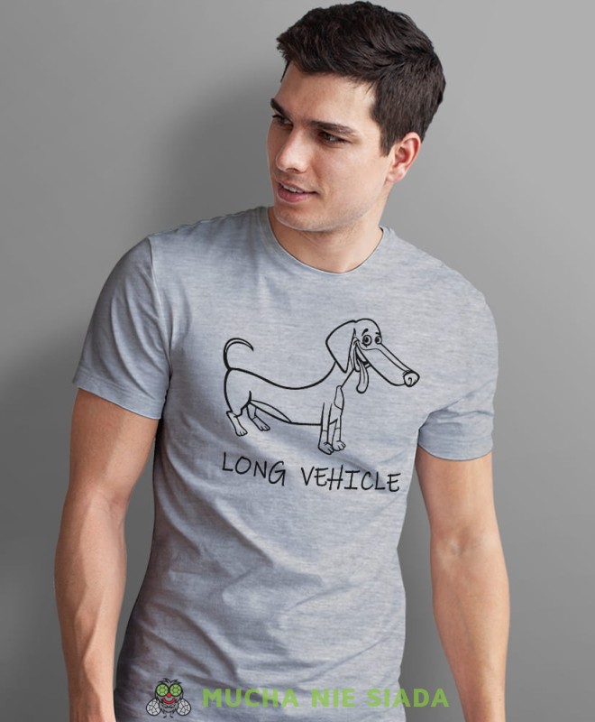 long vehicle, szara męska koszulka z nadrukiem na co dzień, na prezent, fajna koszulka, dla chłopaka, dla męża, mucha nie siada.jpg