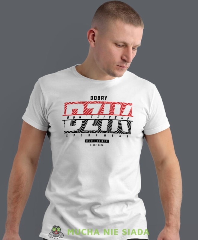dobry dzik don't give up, biała koszulka na siłownię, męska koszulka, koszulka sportowa, na sport, gym, na siłownię mucha nie siada.jpg