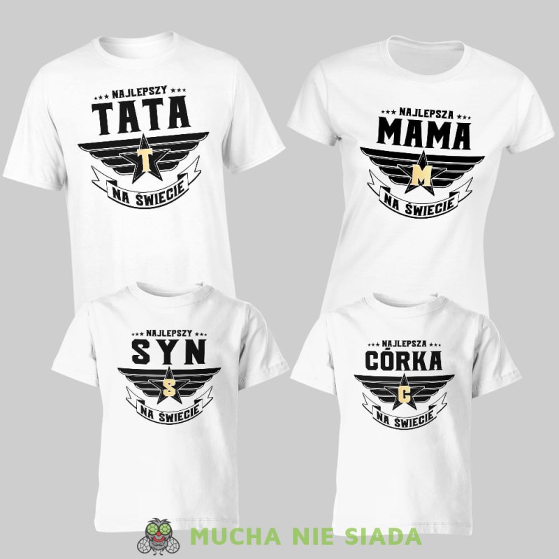 najlepsza rodzina na świecie złota litera, zestaw białych koszulek rodzinnych, mama, tata, córka syn, na prezent, fajne koszulki, mucha nie siada.jpg