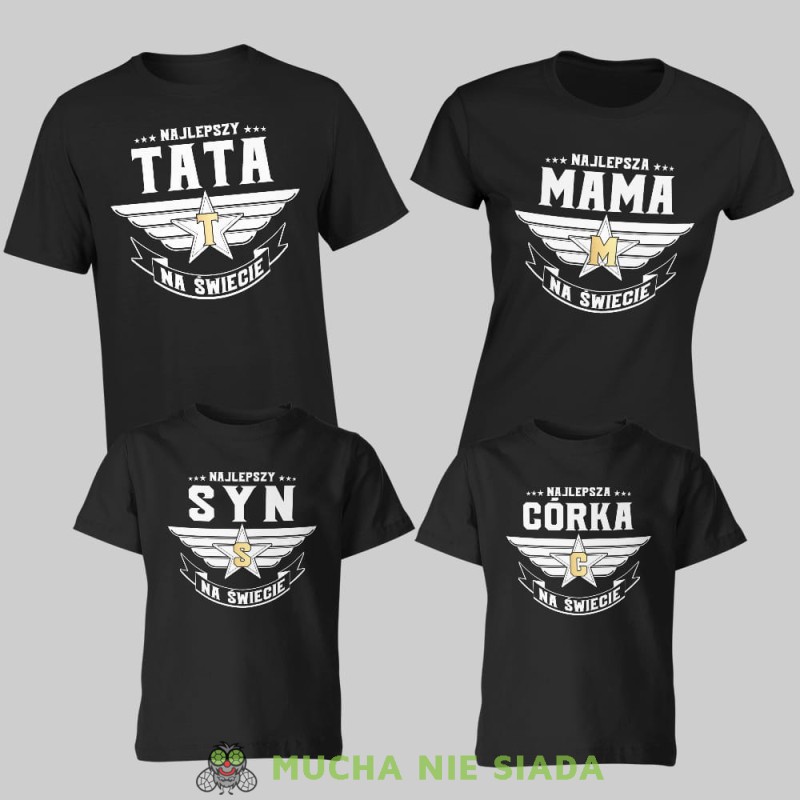 najlepsza rodzina na świecie złota litera, zestaw czarnych koszulek rodzinnych, mama, tata, córka syn, na prezent, fajne koszulki, mucha nie siada, rodzina.jpg