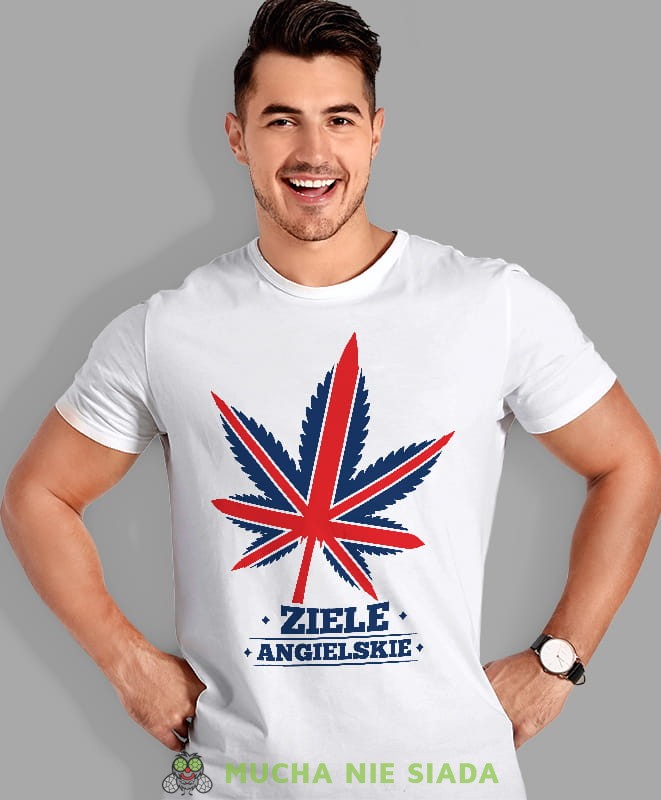 ziele angielskie, biała męska koszulka z nadrukiem na co dzień, na prezent, fajna koszulka, dla chłopaka, dla męża, mucha nie siada opis.jpg