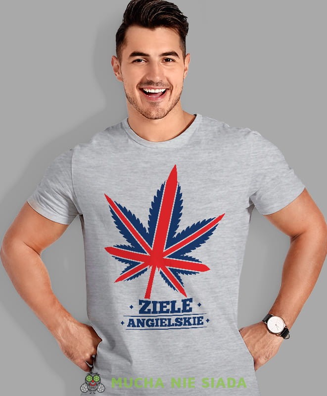ziele angielskie, szara męska koszulka z nadrukiem na co dzień, na prezent, fajna koszulka, dla chłopaka, dla męża, mucha nie siada opis.jpg