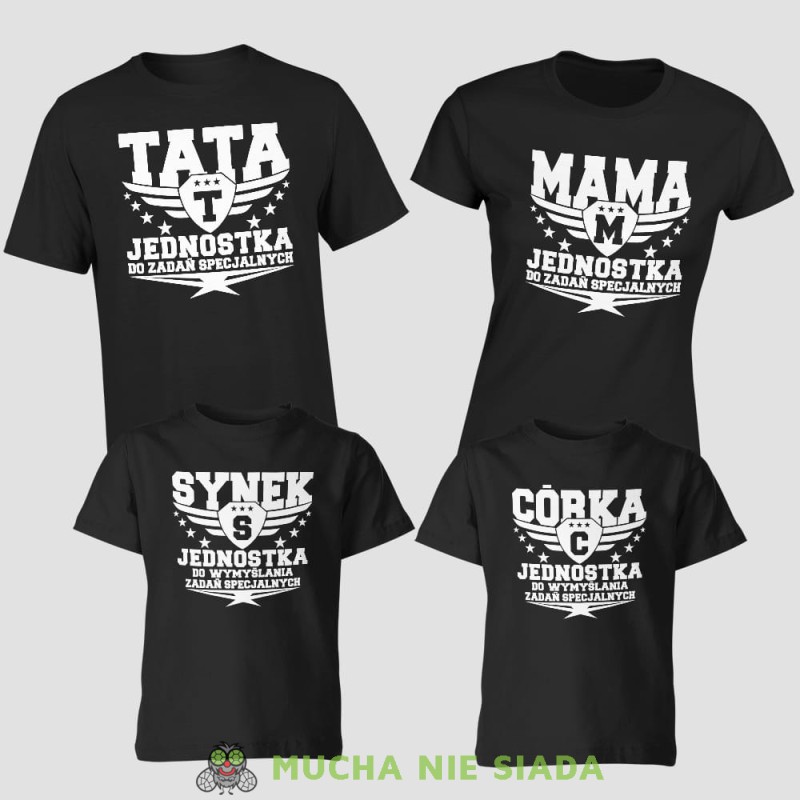 jednostka do zadań specjalnych zestaw koszulek rodzinnych, zestaw czarnych koszulek dla taty, syna, mamy, córki na prezent, fajne koszulki, mucha nie siada, rodzina, mns.jpg