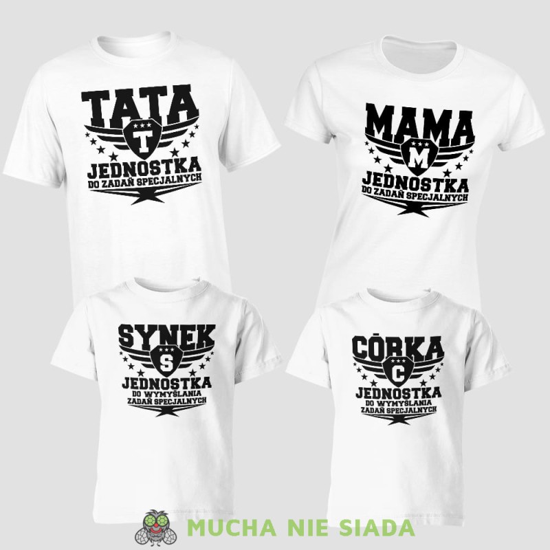 jednostka do zadań specjalnych zestaw koszulek rodzinnych, zestaw białych koszulek dla taty, syna, mamy, córki na prezent, fajne koszulki, mucha nie siada, rodzina, mns.jpg