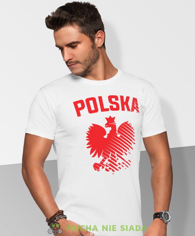 Polska, Orzeł Polski, modern, biała męska koszulka z nadrukiem, koszulka kibica, koszulki z grafiką patriotyczną, na prezent, koszulka Polska, koszulki Polski.jpg