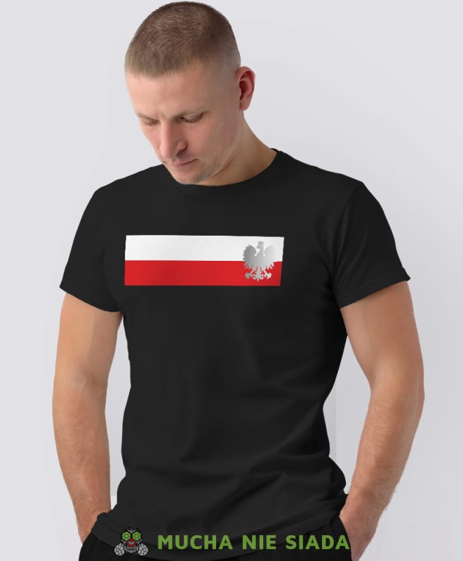Polska flaga,Orzeł Polski srebrny, czarna męska koszulka z nadrukiem, koszulka kibica, koszulki z grafiką patriotyczną, na prezent, koszulka Polska, koszulki Polski.jpg