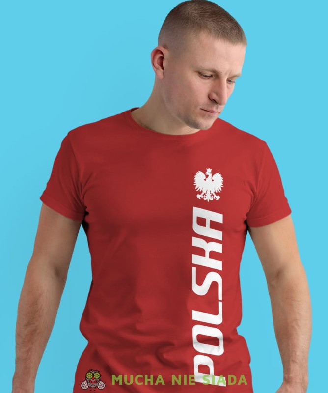 Polska, Orzeł Polski, nadruk w pionie, czerwona męska koszulka z nadrukiem, koszulka kibica, koszulki z grafiką patriotyczną, na prezent, koszulka Polska, koszulki Polski.jpg