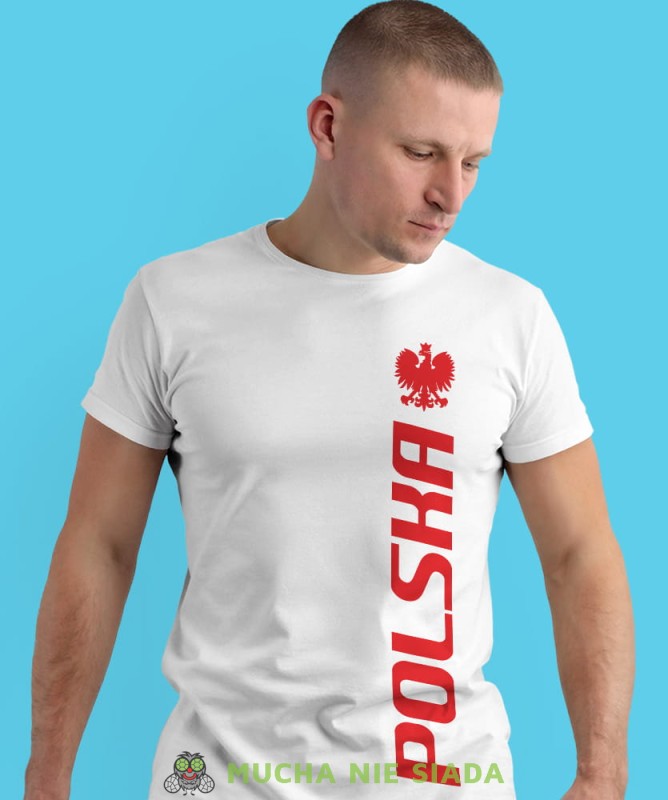 Polska, Orzeł Polski, nadruk w pionie, biała męska koszulka z nadrukiem, koszulka kibica, koszulki z grafiką patriotyczną, na prezent, koszulka Polska, koszulki Polski.jpg