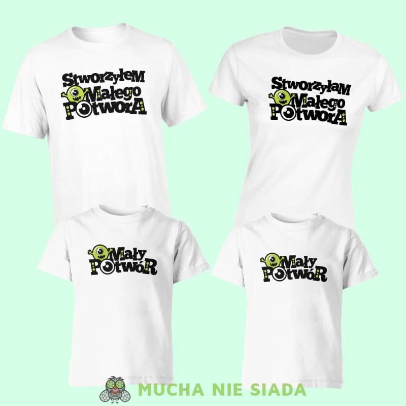 stworzyłem stworzyłam małego potwora mały potwór, zestaw białych koszulek dla taty, syna, mamy, córki na prezent, fajne koszulki, mucha nie siada, rodzina, mns.jpg