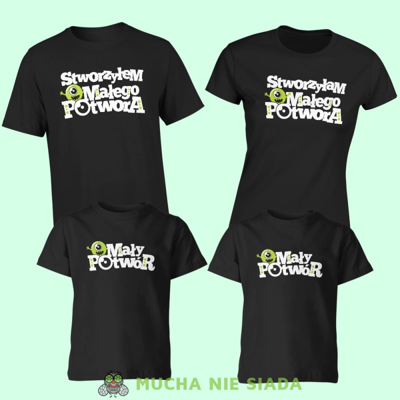 stworzyłem stworzyłam małego potwora mały potwór, zestaw czarnych koszulek dla taty, syna, mamy, córki na prezent, fajne koszulki, mucha nie siada, rodzina, mns.jpg