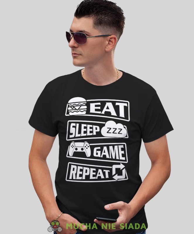 eat sleep game repeat, czarna koszulka dla gracza, męska koszulka dla fanów gier komputerowych, koszulki dla graczy, video gry, konsola do gier, gry komputerowe, pad, mucha nie siada, mns.jpg