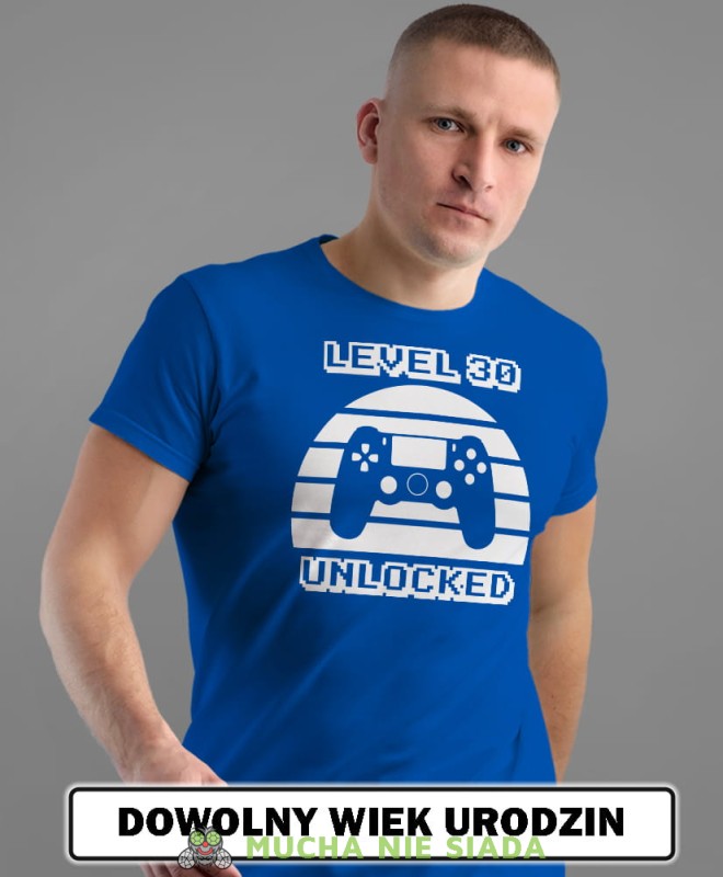 level unlocked, niebieska męska koszulka urodzinowa z nadrukiem na urodziny opis.jpg