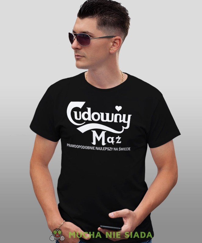 Cudowny mąż, czarna męska koszulka z nadrukiem dla męża, na co dzień, na prezent, fajna koszulka, mucha nie siada.jpg