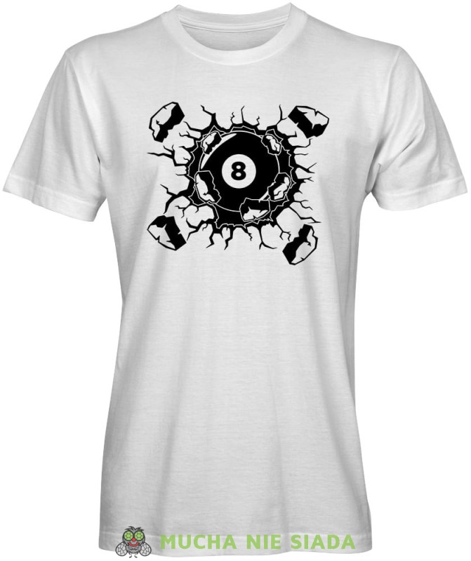 bila demolka, męska biała koszulka,  koszulka dla bilardzisty, koszulka na bilard, dla chłopaka, dla męża, dla niego, na prezent, mucha nie siada, mns.jpg