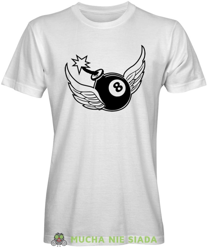 bombowa bila, męska biała koszulka,  koszulka dla bilardzisty, koszulka na bilard, dla chłopaka, dla męża, dla niego, na prezent, mucha nie siada, mns.jpg