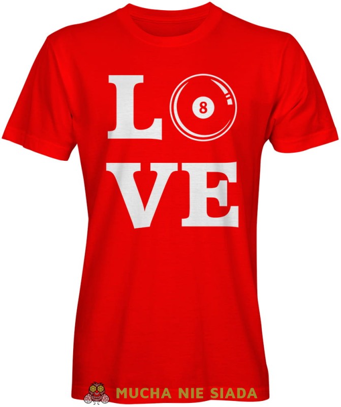 love bilard bila, męska czerwona koszulka,  koszulka dla bilardzisty, koszulka na bilard, dla chłopaka, dla męża, dla niego, na prezent, mucha nie siada, mns.jpg