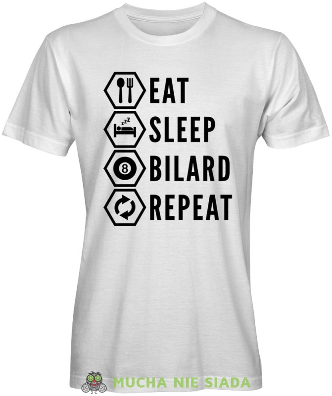 eat sleep bilard repeat, męska biała koszulka,  koszulka dla bilardzisty, koszulka na bilard, dla chłopaka, dla męża, dla niego, na prezent, mucha nie siada, mns.jpg