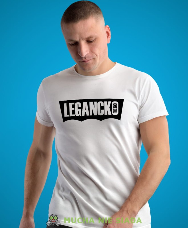 legancko tego, biała męska koszulka z nadrukiem na co dzień, na prezent, fajna koszulka, dla chłopaka, dla męża, mucha nie siada opis.jpg